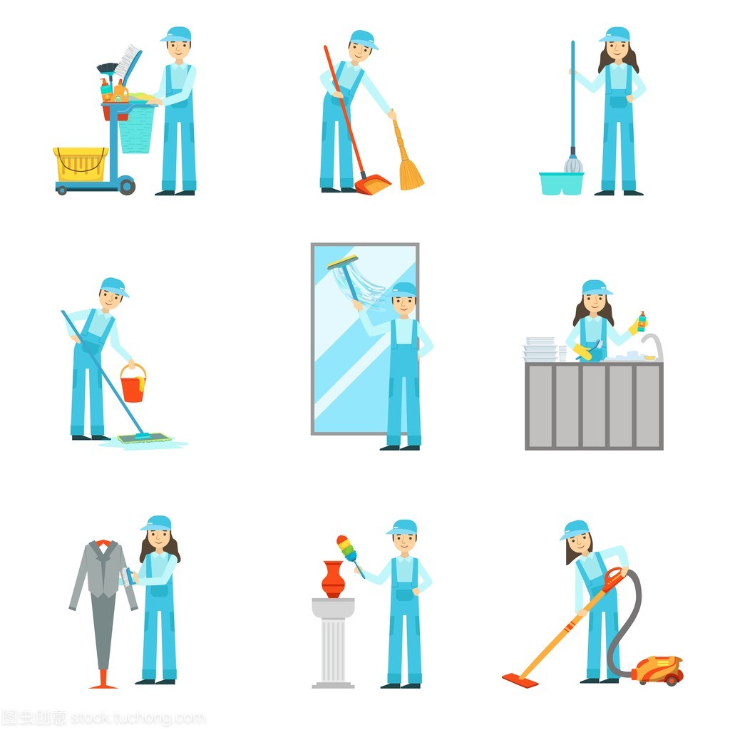 提供清洁服务在蓝色制服的工人设置的插图